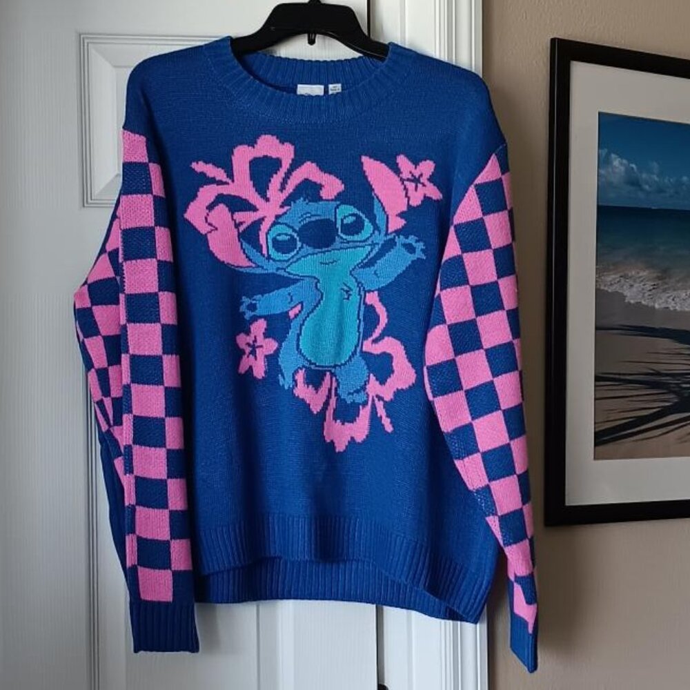 STITCH Disney Graphic Sweater Pullover Knit Blue Pink Womens Size Med NEW
